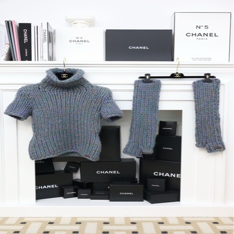 Chanel 00年蓝紫色粗针织高领短袖上衣袖套套装