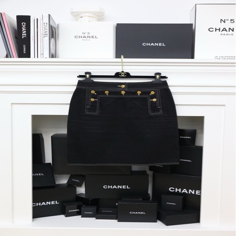 Chanel 94年秀款丹宁牛仔外缝线金扣半裙