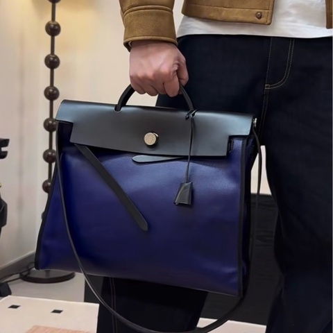 💎Hermes愛馬仕｜Herbag39單肩包｜寶石藍防水塗層拼黑白熊貓 黑皮翻蓋 ｜98新｜C刻