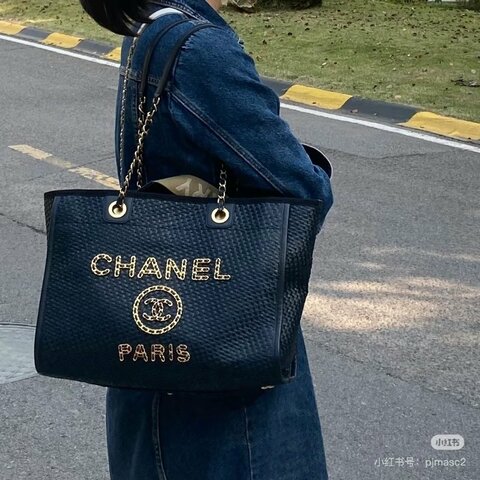 CHANEL 黑金編織皮穿鏈logo  手提肩背托特包 35*26*16 98新配件塵袋 保卡