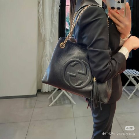 GUCCI 黑金soho流蘇鏈條 肩背斜背托特包 37*25*15 99新配件塵袋