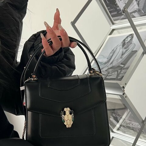 BVLGARI 黑色蛇頭  中號手提肩背斜背包 26*20*7 98新配件塵袋 雨衣 鏡子 吊牌
