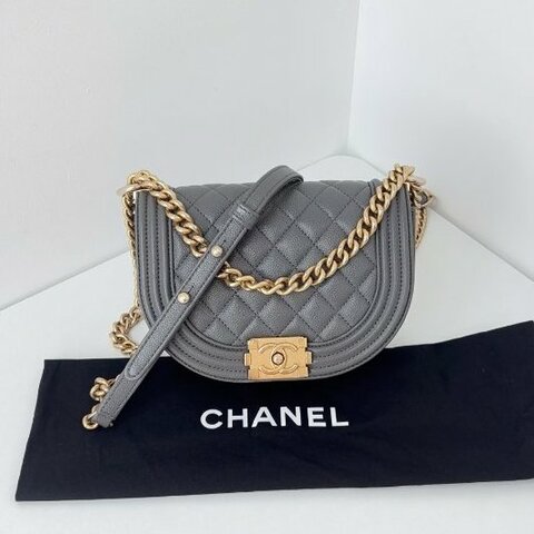 芯片款 香奈兒/Chanel Leboy半月馬鞍包 灰金荔枝牛皮