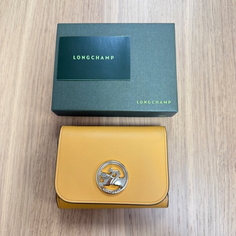 Longchamp BOX-TROT 小牛皮金屬logo三折短夾