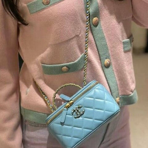 CHANEL 24P藍金扣鑲鑽 字母手柄手提肩背斜背盒子包 16*10*8 98新配件塵袋