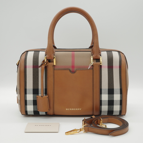 Burberry 博柏利 Boston 棕色牛皮 經典格紋帆布 手提包 斜挎包 枕頭包