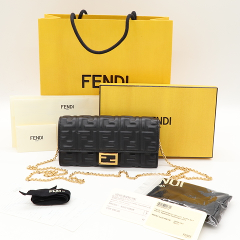 Fendi 芬迪 經典 Baguette 黑色 Nappa 納帕小羊皮立體雙F壓花 金屬FF釦兩用 WOC 鍊帶長夾 斜背小包