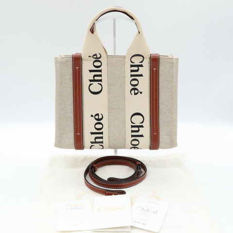 Chloé  經典 Woody 焦糖色皮革飾邊 亞麻帆布字母織帶 小號 雙手柄托特包 手提包