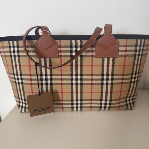 Burberry博柏利 London 格纹敞口设计托特包Tote包购物袋手提包 女款 石楠棕/黑色