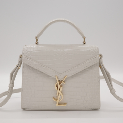 Saint Laurent 聖羅蘭 YSL 灰白色 鱷魚壓紋 金釦 牛皮 手提包 斜挎包