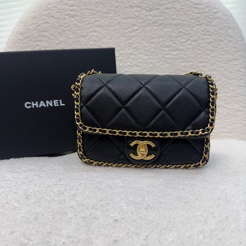 Chanel黑金羊皮菱格皮穿鏈滾邊mini 口蓋包