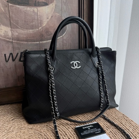 CHANEL香奈兒 黑銀魚子醬菱格2way手提鏈條托特包肩背包斜背包
