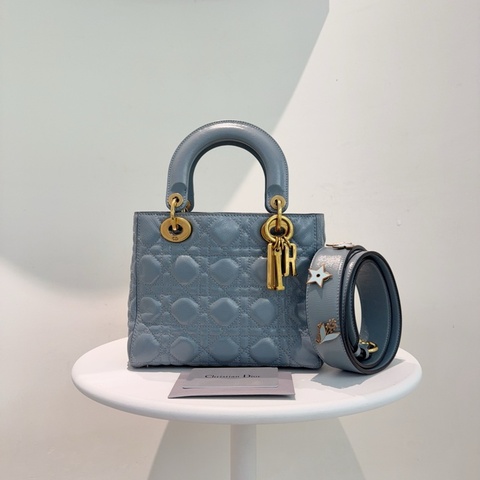 Dior 迪奧 四格戴妃 寬肩帶徽章 霧霾藍 手提包斜挎包 金扣