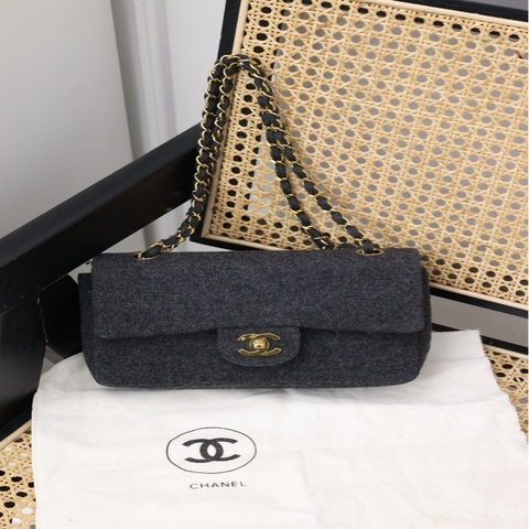 Chanel灰毛呢金扣classic flap双盖CF单肩包