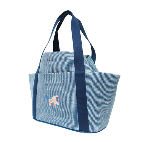 愛馬仕 Animaux Natte 手提包，刺繡動物圖案，按扣開合，抽繩設計，羊毛棉混紡，藍色長褲款，女士