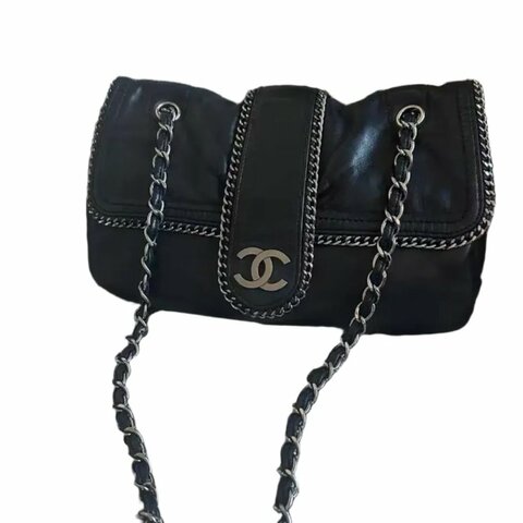 Chanel香奈兒黑銀滾邊鏈條雙Clogo鏈條包