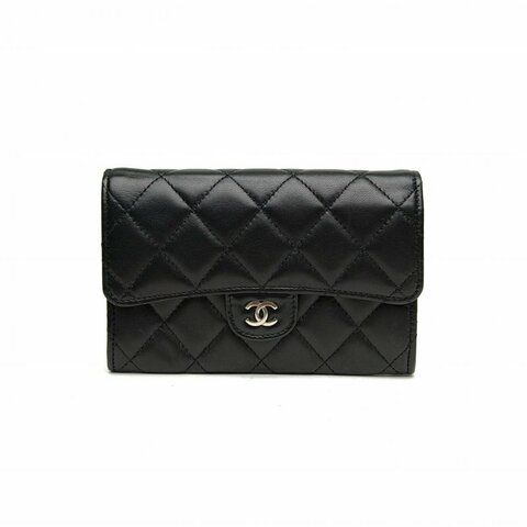 CHANEL 黑色牛皮革13開銀扣錢包