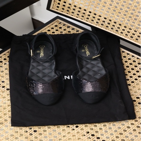 Chanel 20年紫色亮片黑色针织拼接玛丽珍鞋