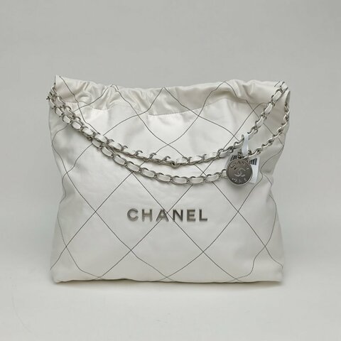 CHANEL 22BagTote托特包中號白色牛皮革晶片銀扣肩背包