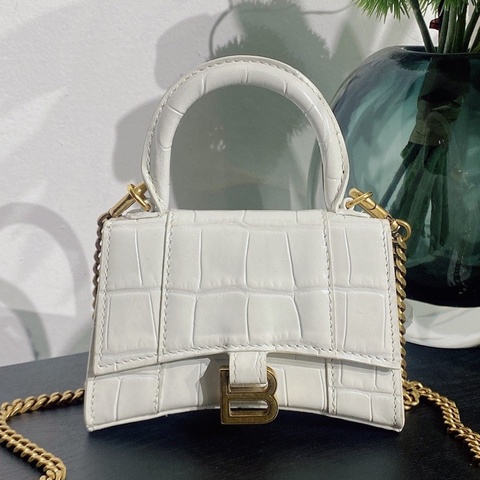 巴黎世家Balenciaga HOURGLASS 白色鰐魚壓紋 沙漏超mini單肩鏈條包 尺寸：11.9 x 7.9 x 5.3cm