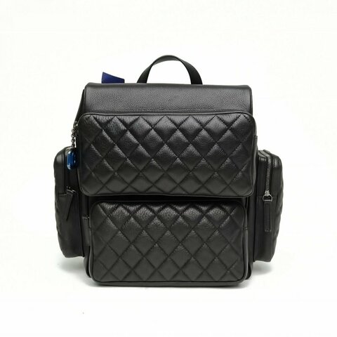 CHANEL 黑色荔枝牛皮革22開銀扣機場系列菱格紋雙肩包肩背包