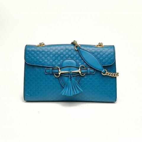 GUCCI Emily馬銜扣流蘇中號GG壓紋湖藍色玫瑰金扣肩背包