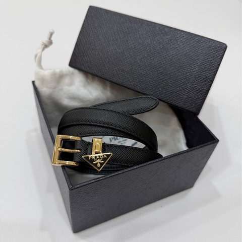 PRADA  Saffiano 三角牌 黑色 綴飾 金釦 防刮牛皮細版 腰帶 皮帶