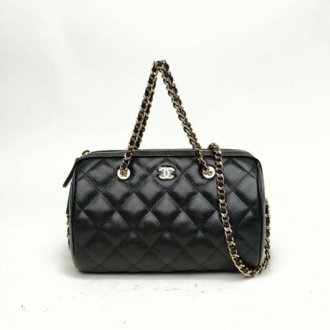 CHANEL 黑色牛皮革鐳射標金扣25P保齡球手提鏈條包肩背包