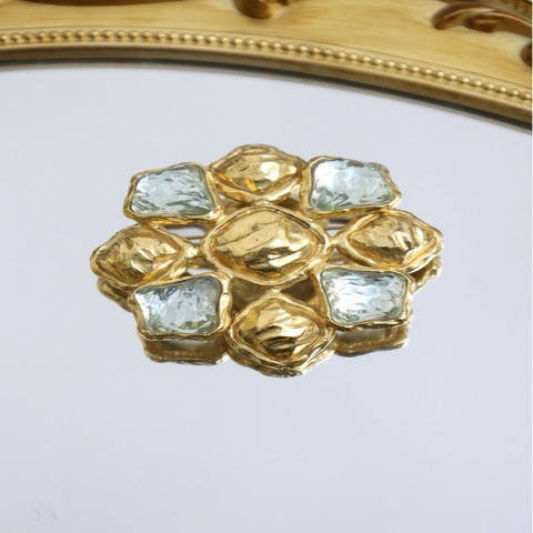 YSL素金浅蓝色琉璃花朵胸针