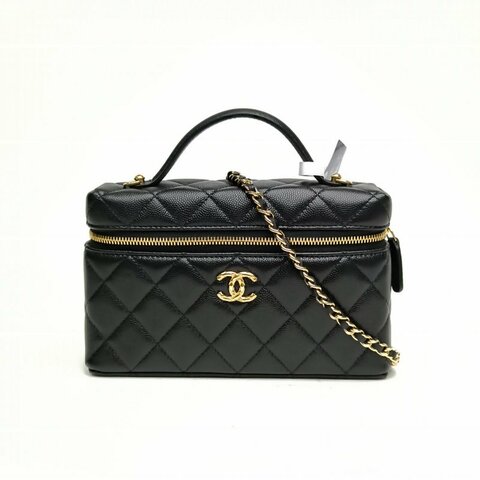 CHANEL 黑色荔枝牛皮革金扣麥穗雙C黑金盒子斜挎包肩背包