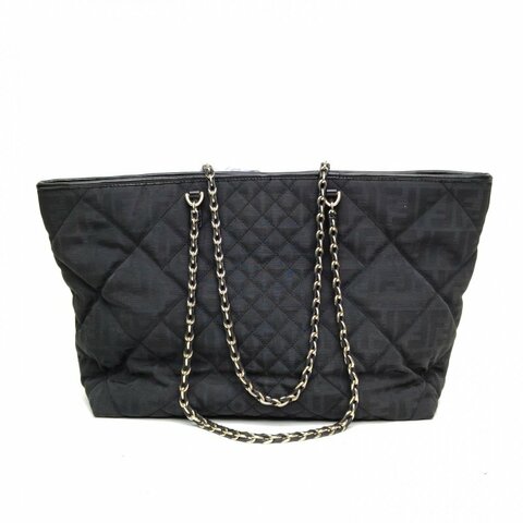 FENDI 黑色帆布淺金扣經典滿印logo老花托特包肩背包