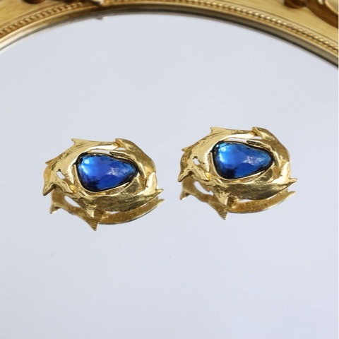 YSL素金蓝色爱心琉璃耳夹