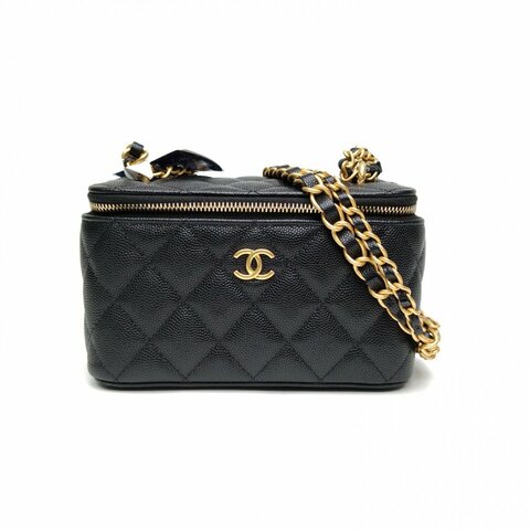 CHANEL 黑色荔枝牛皮革金扣23A黑金長方子母化妝包肩背包