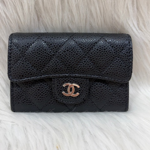 CHANEL AP0214 COCO 黑色荔枝皮 銀釦 釦式 零錢包 信用卡夾 名片夾