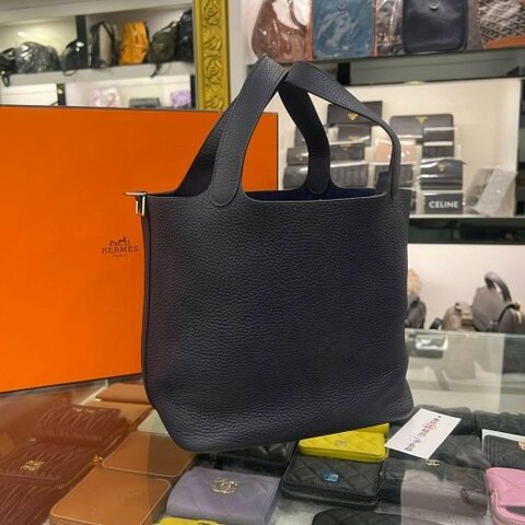 東區正精品㊣ HERMES PICOTIN 22cm 愛馬仕午夜藍色銀釦水桶袋包鎖頭包手提包菜籃子 X刻 RZ6552
