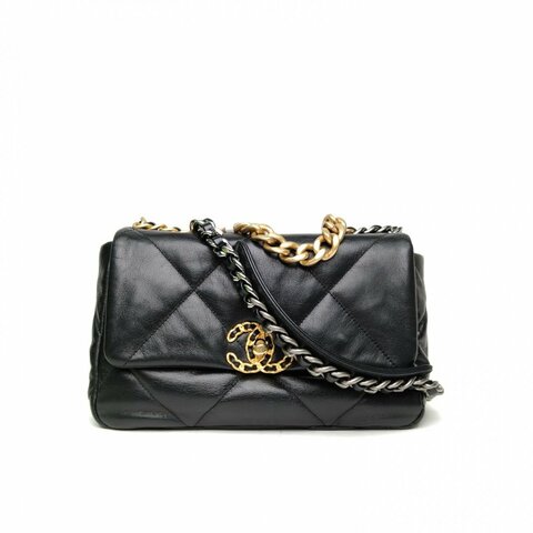 CHANEL 19BAG口蓋包小號黑色羊皮革29開金銀扣肩背包