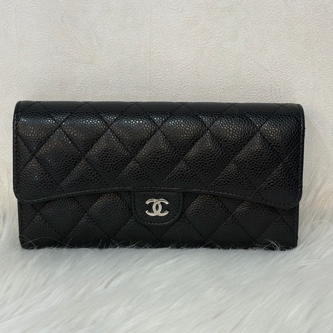 CHANEL A80758  COCO 黑色荔枝皮銀釦 釦式 拉鍊零錢信用卡發財長夾皮夾錢包