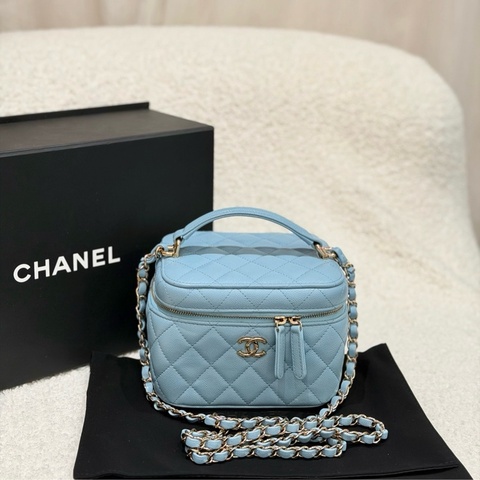 Chanel/香奈兒 藍色牛皮菱格化妝盒手提包斜挎包