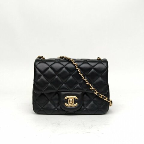 CHANEL CF口蓋包方胖子黑色羊皮革30開金扣金球調節扣肩背包