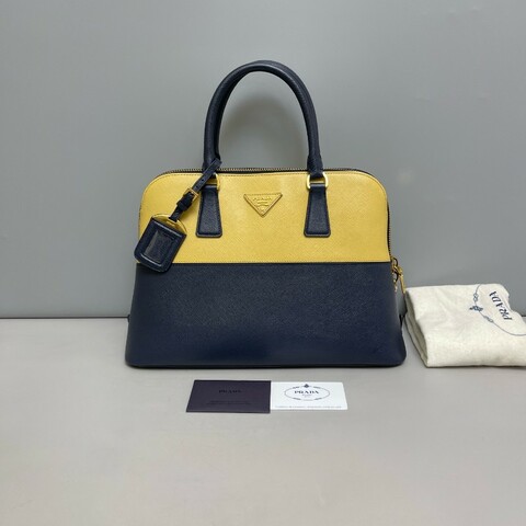Prada 黃藍拼色十字紋大號貝殼包手提包