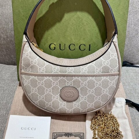 Gucci retro mini經典LOGO 燕麥色半月包