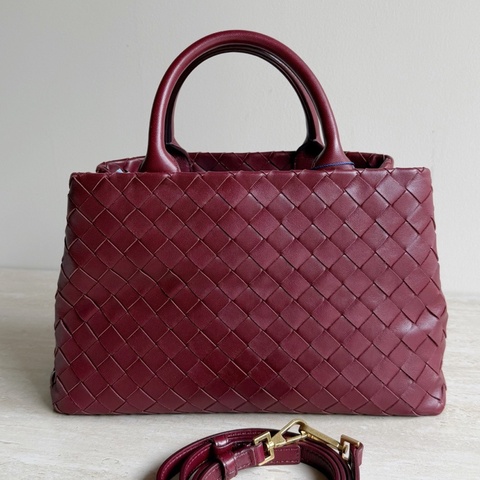 Bottega Veneta葆蝶家 酒紅色編織手提包 底長28cm