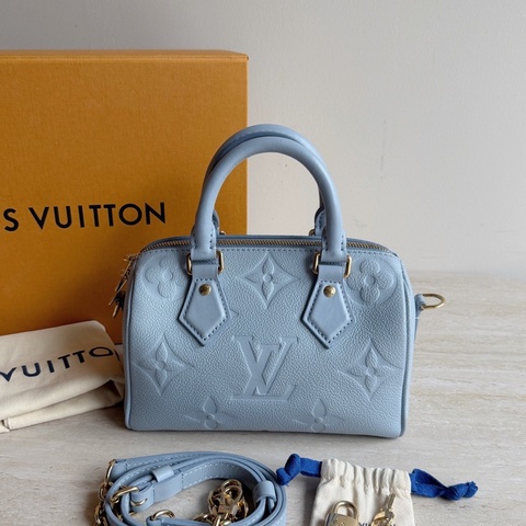 Louis Vuitton路易威登Speedy 20藍色壓紋牛皮波士頓單肩包+芯片 底長20cm。