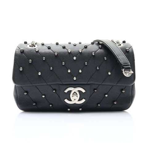 CHANEL 香奈兒 Stud Wars Chevron Mini 方胖子 黑色 牛皮 銀釦