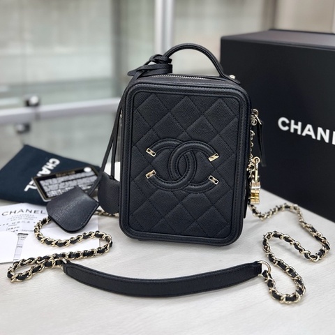 【近新閒置品】Chanel 香奈兒 Vanity黑金荔枝牛皮竪版相機包手拎單肩斜挎包 鐳射29開 五金無褪色