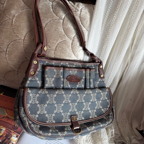 思琳 中古 絕版 Celine Vintage Macadam 藍色牛仔 老花 肩背包 丹寧 盒子包 Poulbot 包 牛仔布 丹寧布 denim shoulder bag
