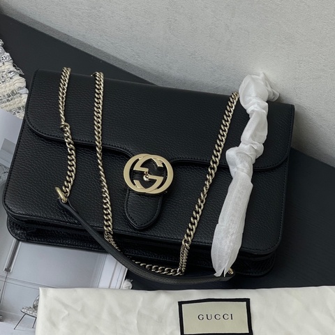 古馳Gucci GG Marmont風琴中號 黑色翻蓋荔枝牛皮