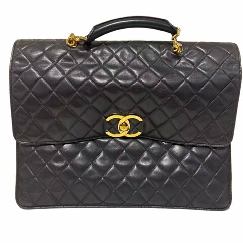 Chanel黑金菱格紋雙C扣手提公文包