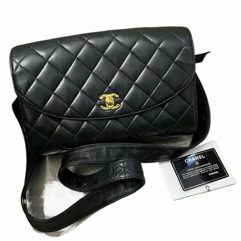 Chanel香奈兒黑金菱格紋雙C扣肩背包