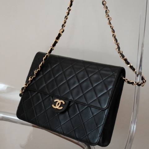 Vintage Chanel 經典 24K 黑金 雙C 小羊皮菱格紋鏈帶包